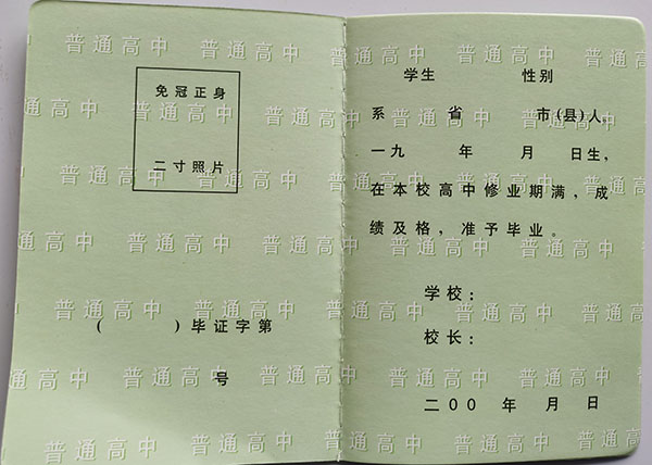 遼寧省2001年高中畢業證樣本