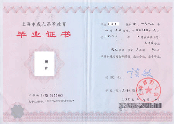 上海財經大學畢業證樣本（成人本科畢業證）