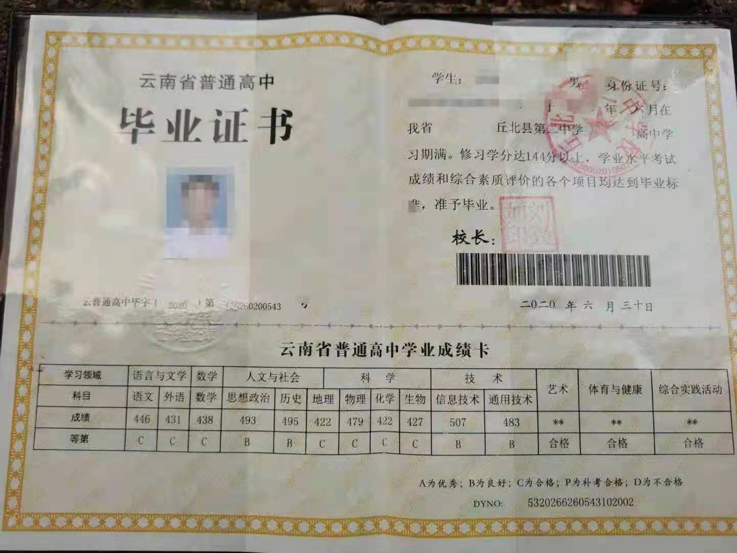 云南省2010年高中畢業(yè)證樣本