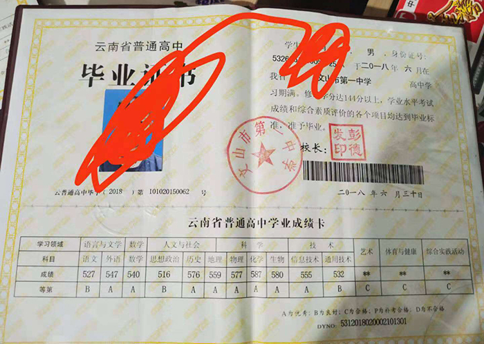 云南省2017年高中畢業證樣本